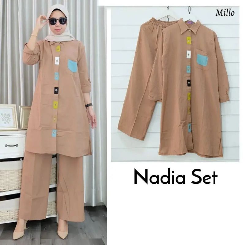 One Set Terbaru Nadia Setcel Model Kekinian Long Tunik Set Bahan Air Flow Crinkle