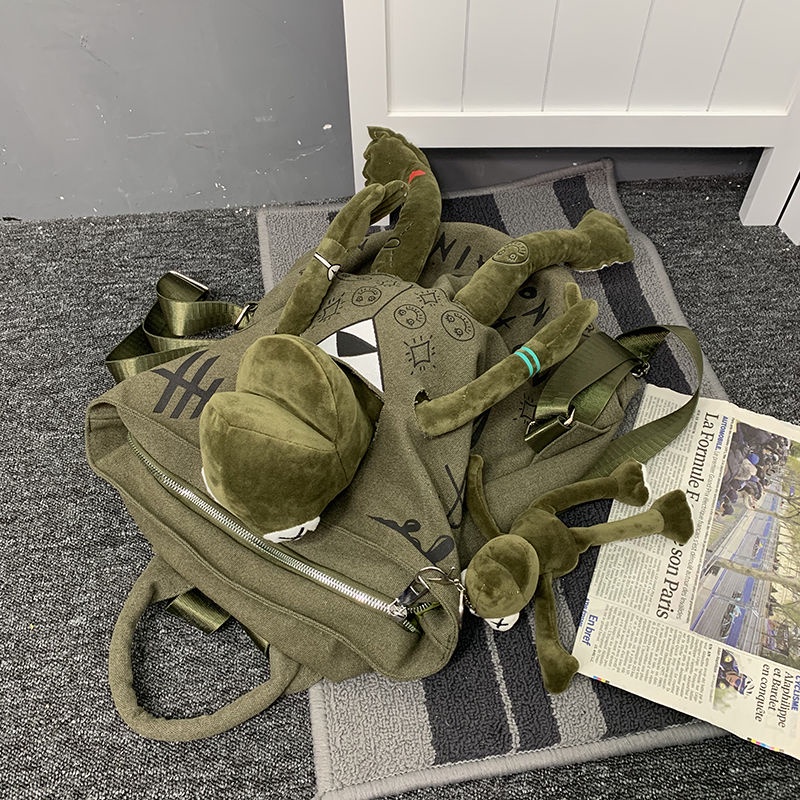 ✘♘✆Sera Jepang Street Cool Graffiti Seri Ransel Kanvas Gaya Hong Kong Sastra Katak Merek Tas Sekolah Boneka