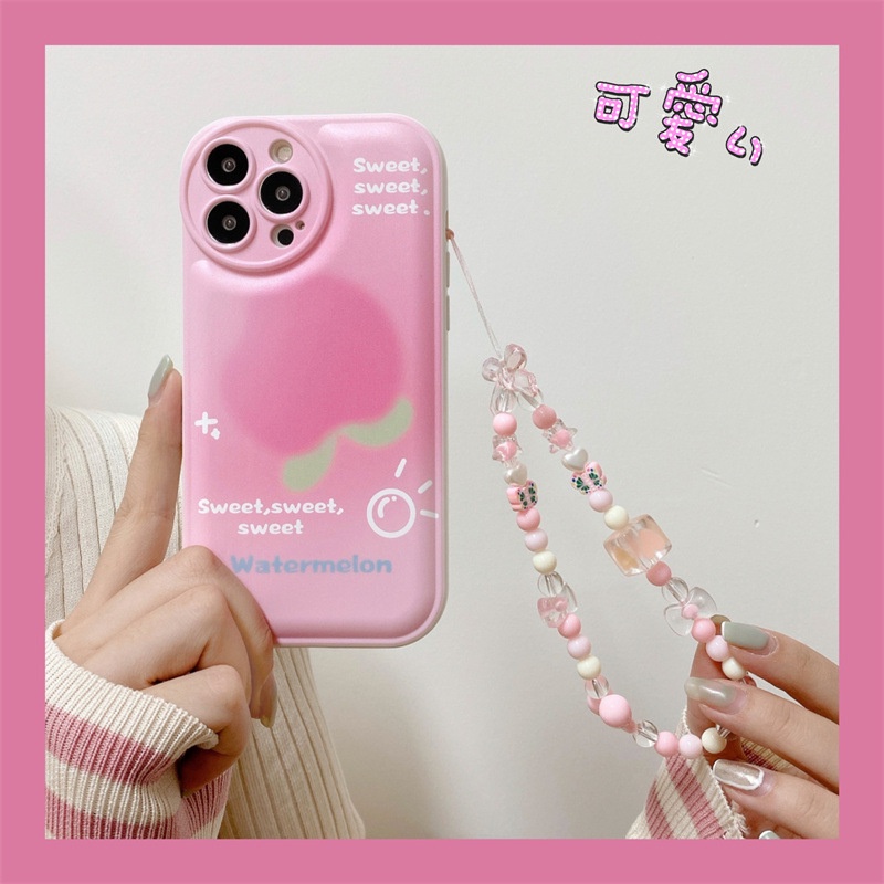 Case Pelindung Lensa Kamera Warna Pink Peach Dengan Rantai Manik-Manik Untuk Iphone 7 8 PLUS X XR XS 11 12 13 14 PRO MAX SE