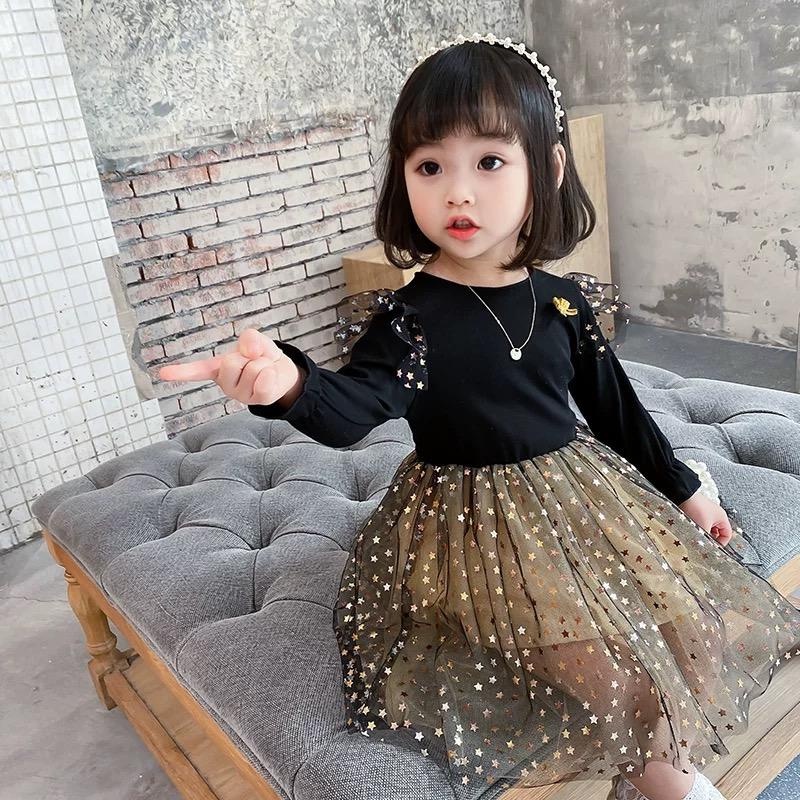 Dress Anak Prinicess Lengen Panjang Style Motif Star HItam