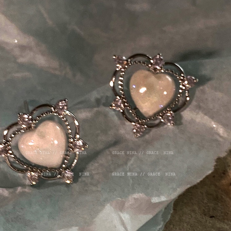 Anting Tusuk Silver Y2k Desain Hati Hias Opal Gaya Vintage Untuk Wanita