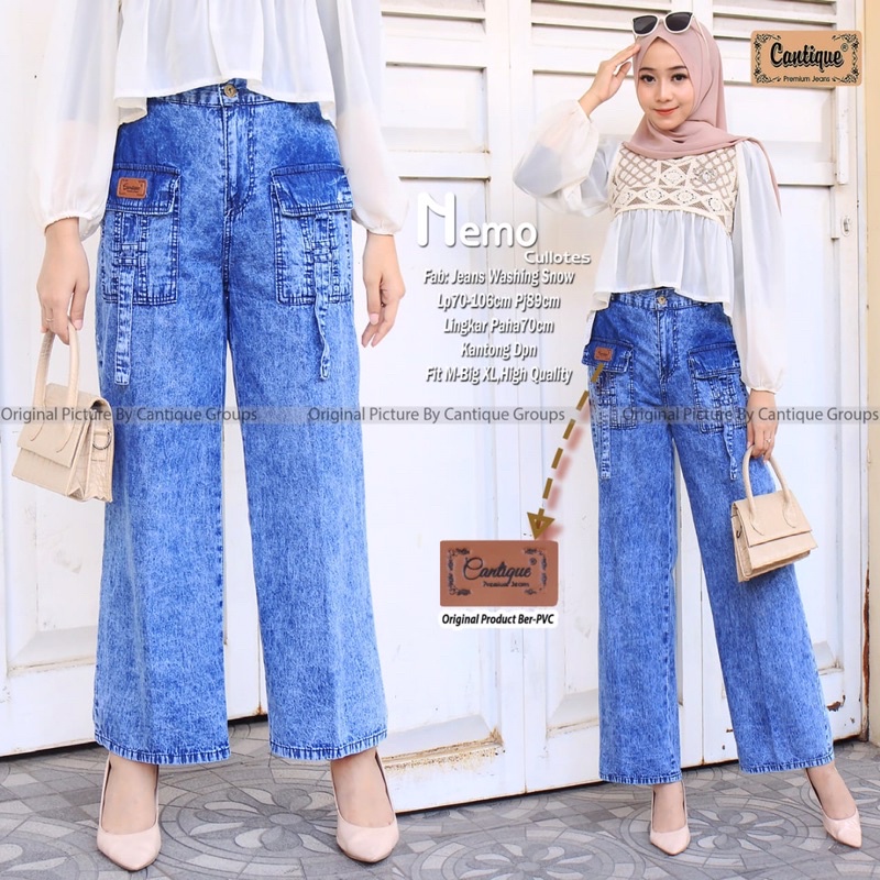 NEMO kulot jeans wanita kekinian OOTD pinggang kancing belakang karet LP 70-106cm PJ 89cm