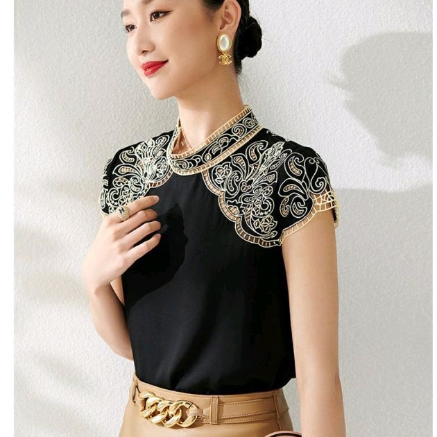 0181 Baju atasan blouse EMBROIDERED kerah bordir lengan pendek mewah Korea Korean style cewek import