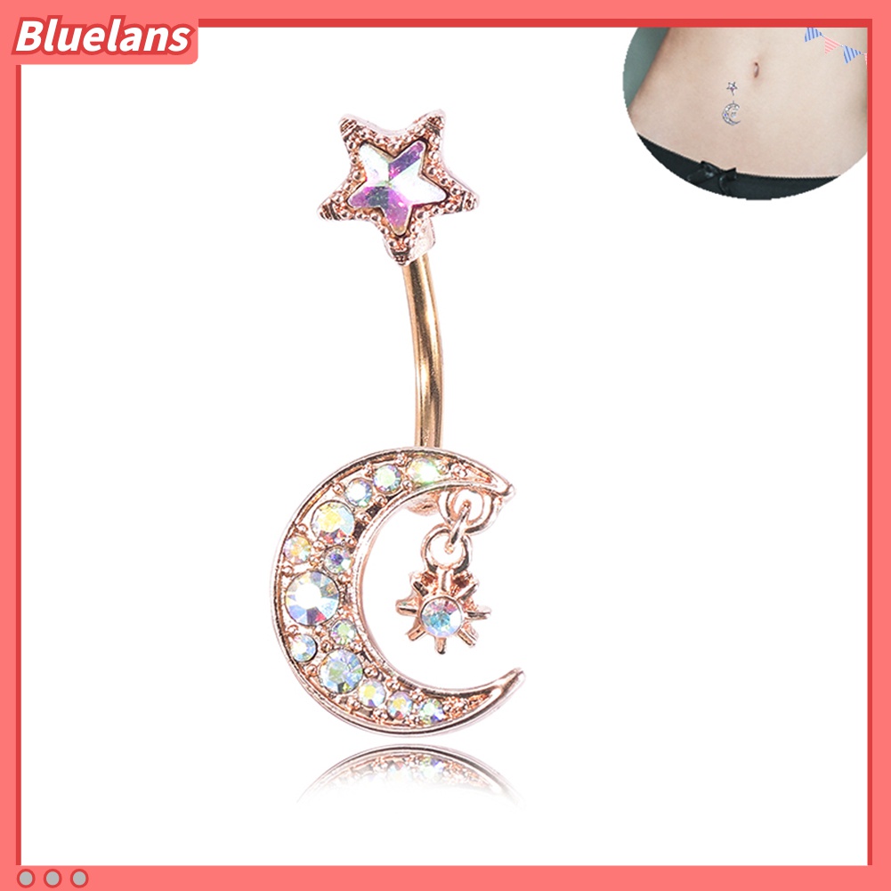 Cincin Tindik Tubuh Bentuk Bulan Bintang Aksen Berlian Imitasi Warna-Warni Untuk Wanita