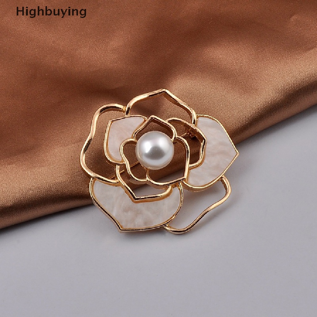 Bros Pin Bentuk Bunga Camellia Aksen Mutiara Untuk Aksesoris Pakaian Sweater Mantel Wanita Glory