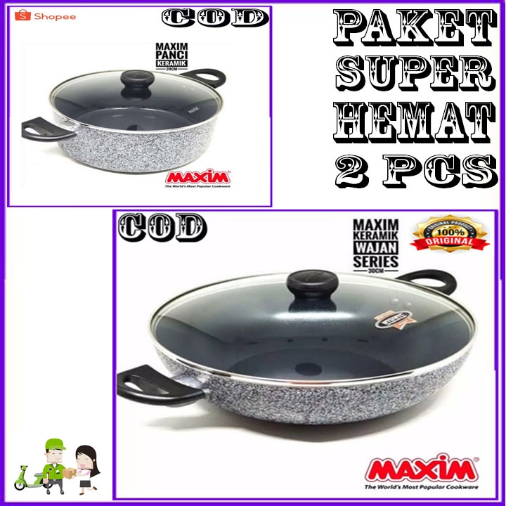 MAXIM CERAMIC WOK 30 CM TUTUP KACA ORI + 24CM DUTCH OVEN BERGARANSI RESMI