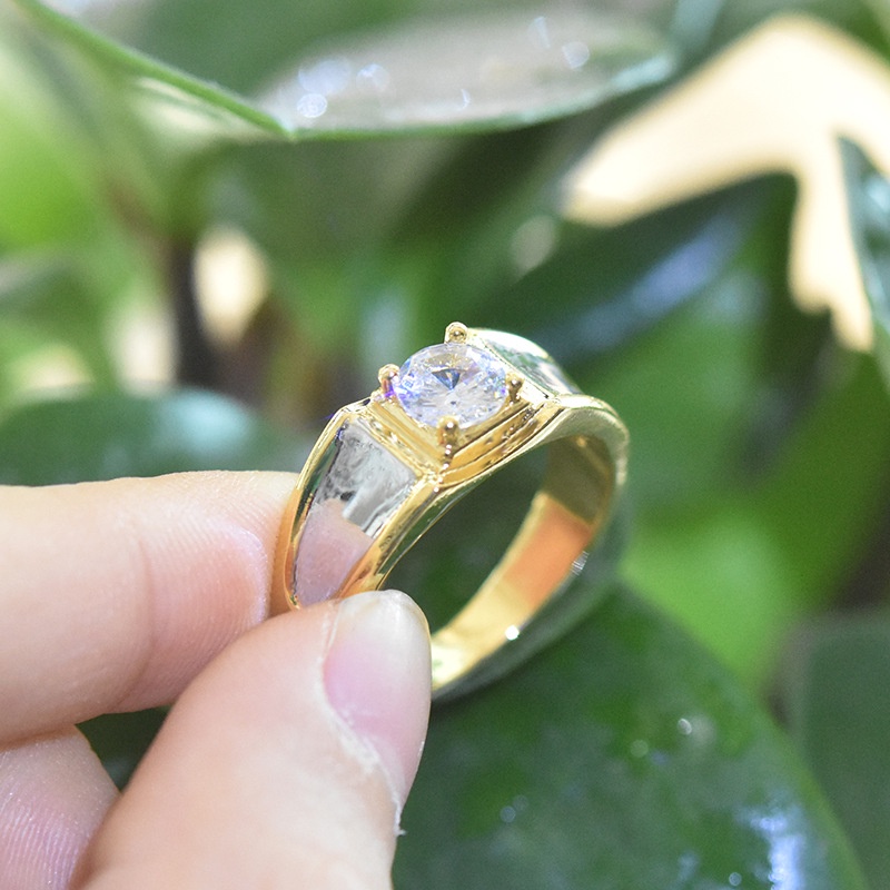 Goldkingdom Perhiasan Fashion Emas Asli Kadar 375 Bangkok Aksesoris Ready Stock Berlapis Emas Mosson Berlian Two-tone Cincin Sederhana Zirkon Sejati Cincin Pertunangan Laki-Laki