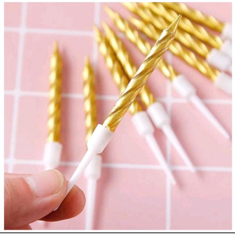 Lilin Ulang Tahun 10 Pcs / Lilin Ulir Metalik / Birthday Candle Party Warna Warni Murah Import