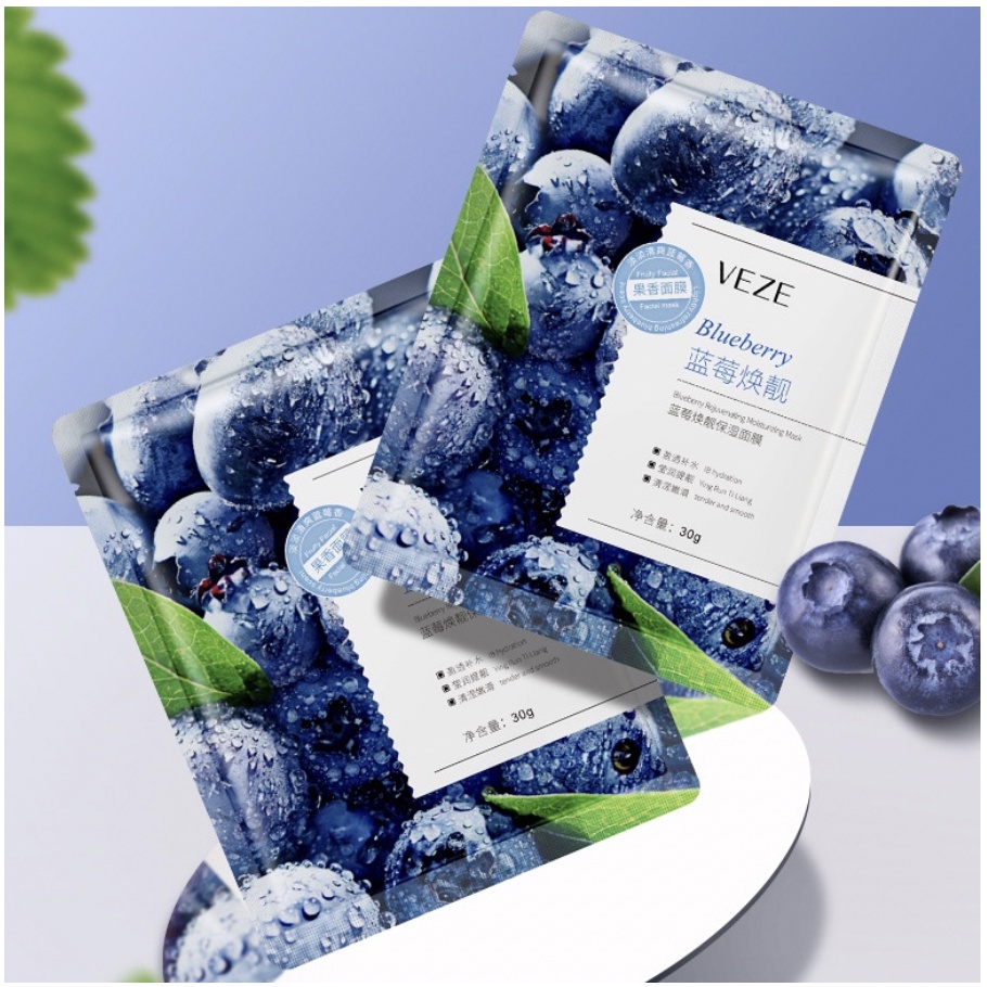 Veze Fruit Blueberry Sheet Mask Masker Wajah Masker Muka pelembab kulit Natural Sheet Mask Melembabkan muka BQ037