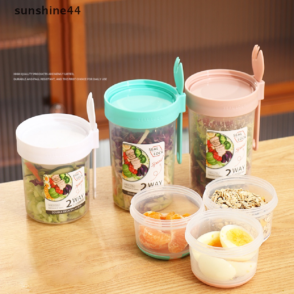 Sunshine 1Pc Gelas Plastik Dua Lapis Dengan Tutup + Garpu Untuk Salad / Sarapan