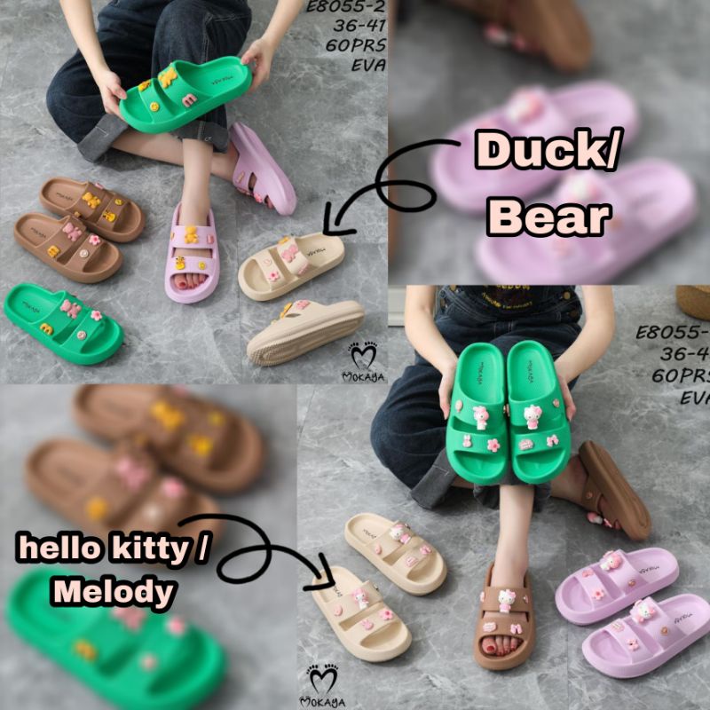 Sandal Slop Wanita Tebal Karet Eva Fuji Viral Ban 2 Motif Hello Kitty &amp; Bear Super Ringan Lucu Cantik Imut Trendy Import Mokaya /Size 36-41 (E8055-1 &amp; E8055-2)