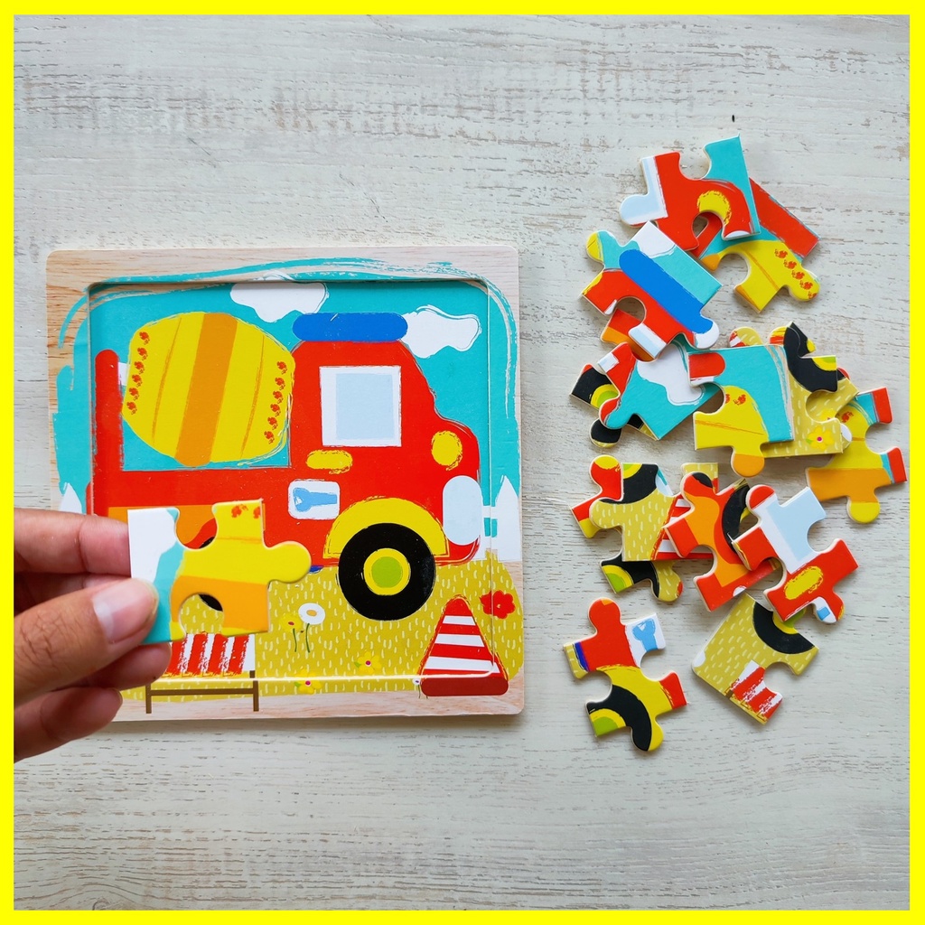 Busyboxes.id Mainan anak edukasi anak 1 2 3 tahun laki laki perempuan mainan edukasi Montessori puzzle jigsaw 3d kayu alat berat konstruksi  seri -  mobil molen