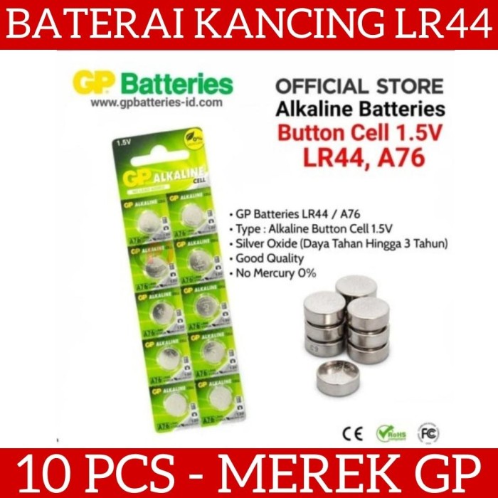 Isi 10Pcs Original GP Baterai Kancing 1.5V ALKALINE A76 LR44 AG13 Coin