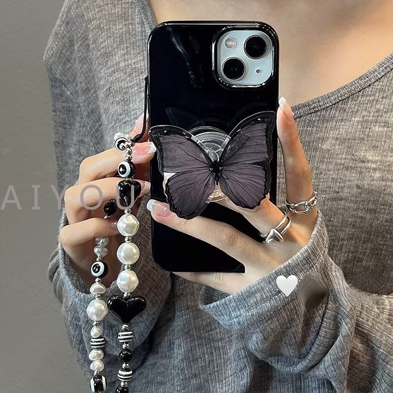 Butterfly Casing IPhone 14 Pro Max 11 Pro Max 12 Pro Max 13 Pro Max X Xr Xs Max 7 8 Plus Se 2020 12mini 13 Motif Kupu-Kupu + Rantai