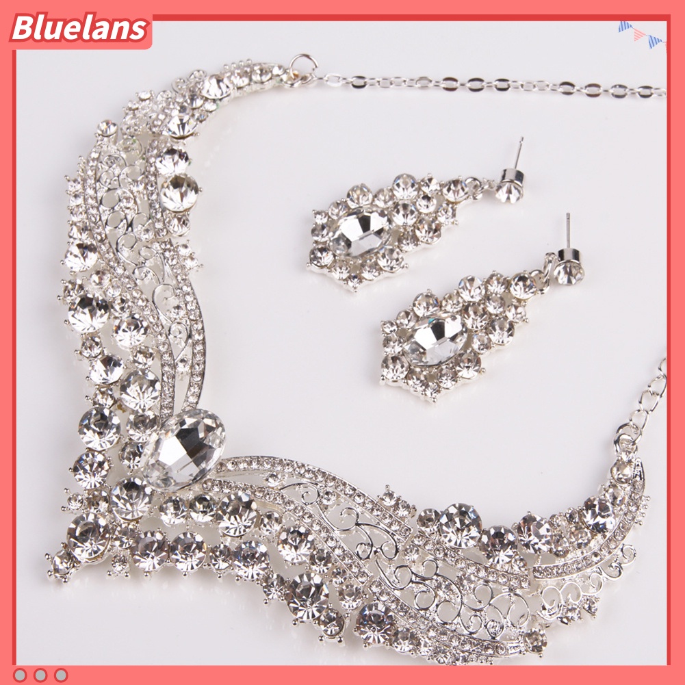 Bluelans Wedding Bridal Queen Style Fully Shiny Rhinestone Necklace Earrings Jewelry Set