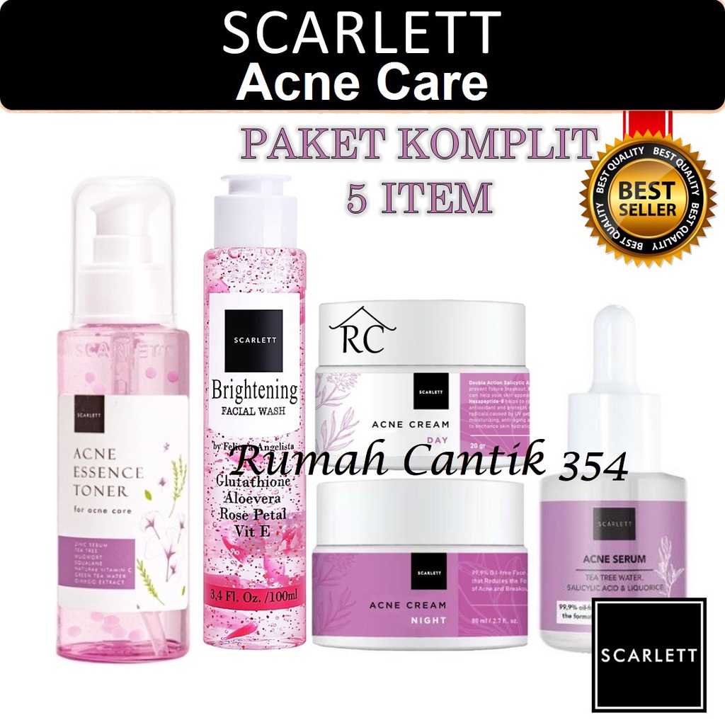 Paket 5 Item Super Extra Komplit Acne Care Scarlett Whitening Day Night Cream + Facial Wash + Acne Essence Toner + Acne Serum Rumah Cantik 354 Paket Lengkap Perawatan Kulit Wajah