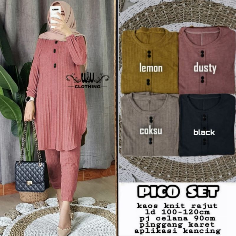 Baju setelan kasual wanita pico set LD 100 Bahan kaos knit rajut setelan atasan dan celana panjang