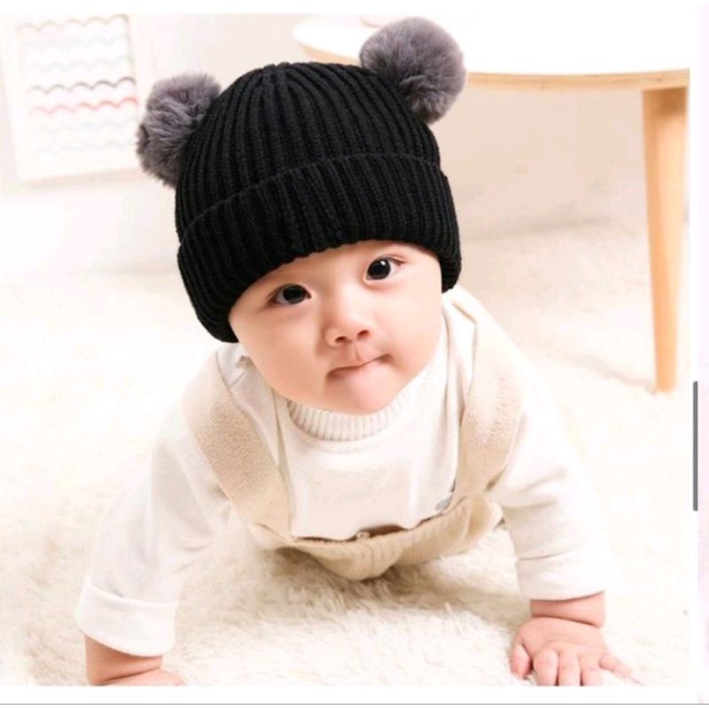 Topi Kupluk Anak  Bayi Rajut  Polos Topi Bayi Rajut TOPI RAJUT POMPOM POLOS