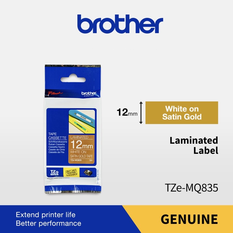 

Brother Color Tape TZE-MQ835 12mm Laminated White On Satin Gold