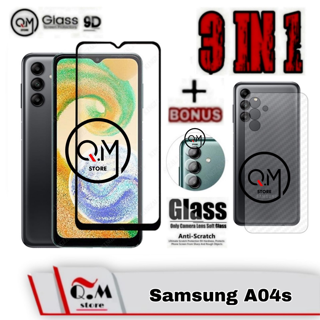 Paket 3 in1 Tempered Glass Layar Samsung A04S  Anti Gores Pelindung Layar Full 9D FREE Camera Plus Garskin