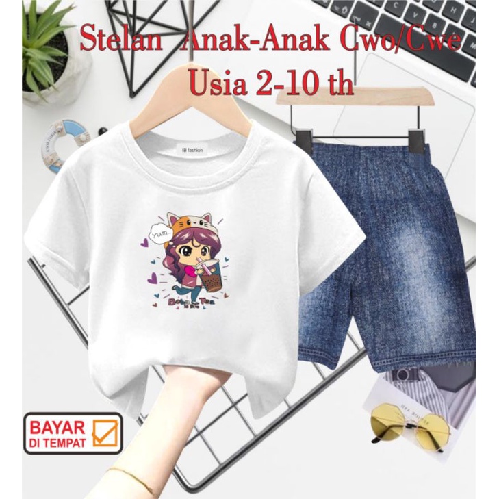 ((IB))SETELAN ANAK PEREMPUAN SEMI JEANS/CEWEK BOBA POP ICE DIGITAL SABLON