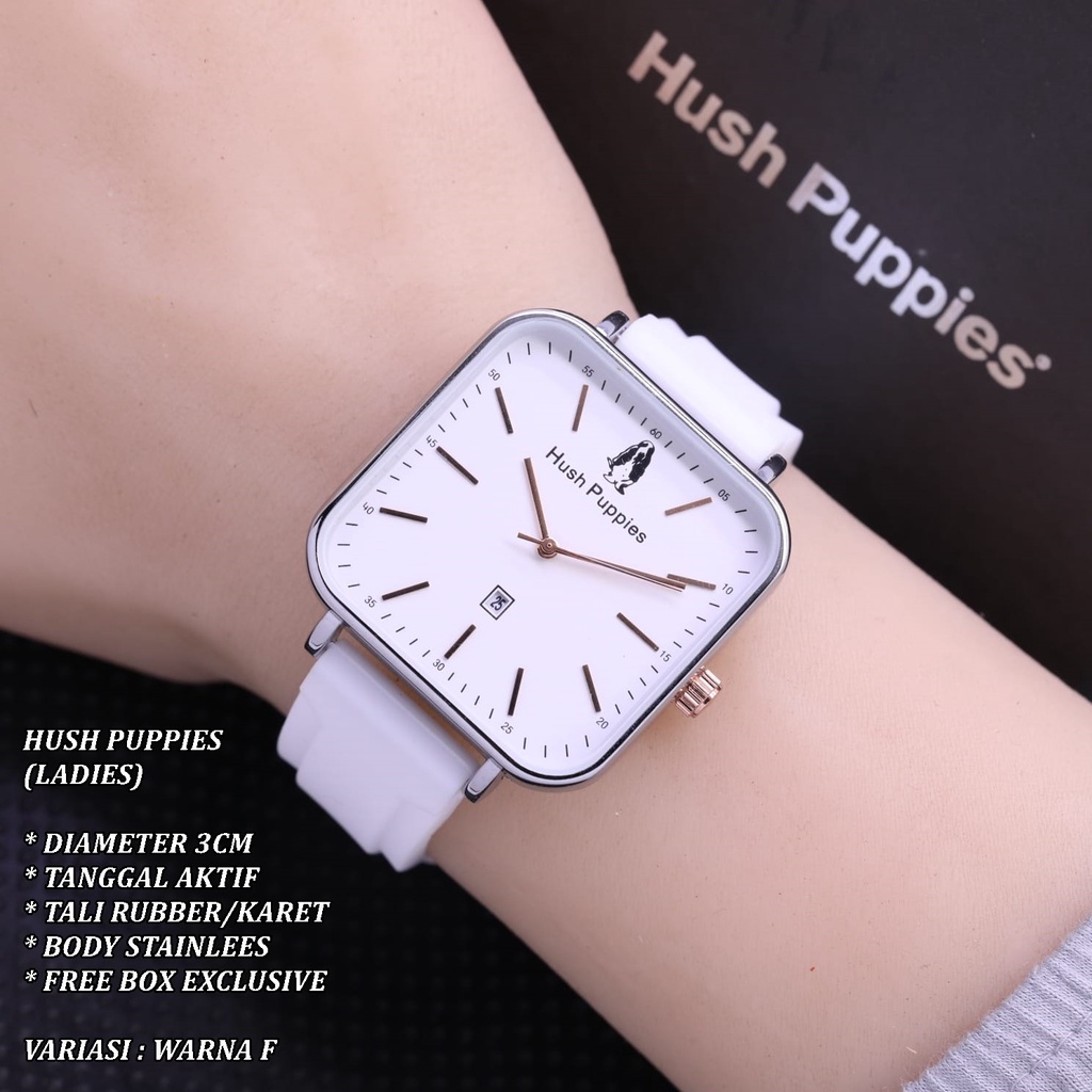 (FREE BOX) JAM TANGAN WANITA HUSH PUPPIES TALI RUBBER BODY SEGI TANGGAL AKTIF