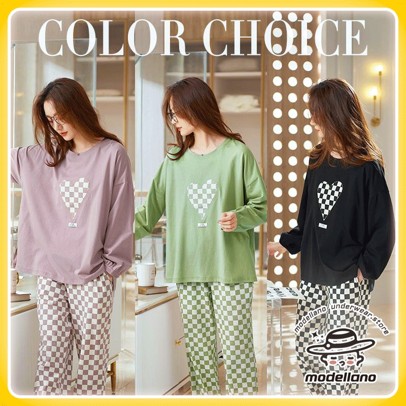 ❤ modellano ❤ Set Piyama Lengan Panjang Cinta Kotak-kotak Piyama Lucu Leher Bulat Lengan Panjang Ser