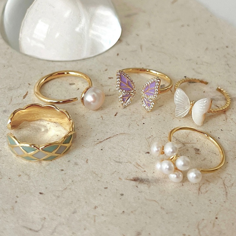 Fancyqube Fancycube Cincin Jari Bentuk Kupu-Kupu Aksen Mutiara Opal Bahan Alloy Untuk Wanita Butterfly