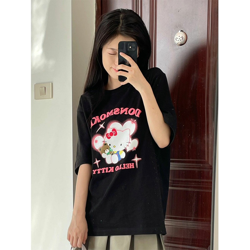 EUNII T-shirt Lengan Pendek Imut Kartun Melodi Pencetakan Longgar Korean Style/Kaos Atasan Wanita/Baju Kaus Oversize Wanita