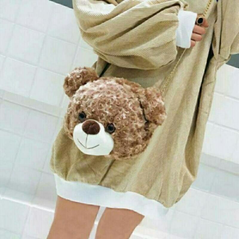 Tas wanita BEAR HEAD | Tas Selempang Wanita Kepala Beruang | Bahan Bulu Import dari Korea | Murah Bisa COD