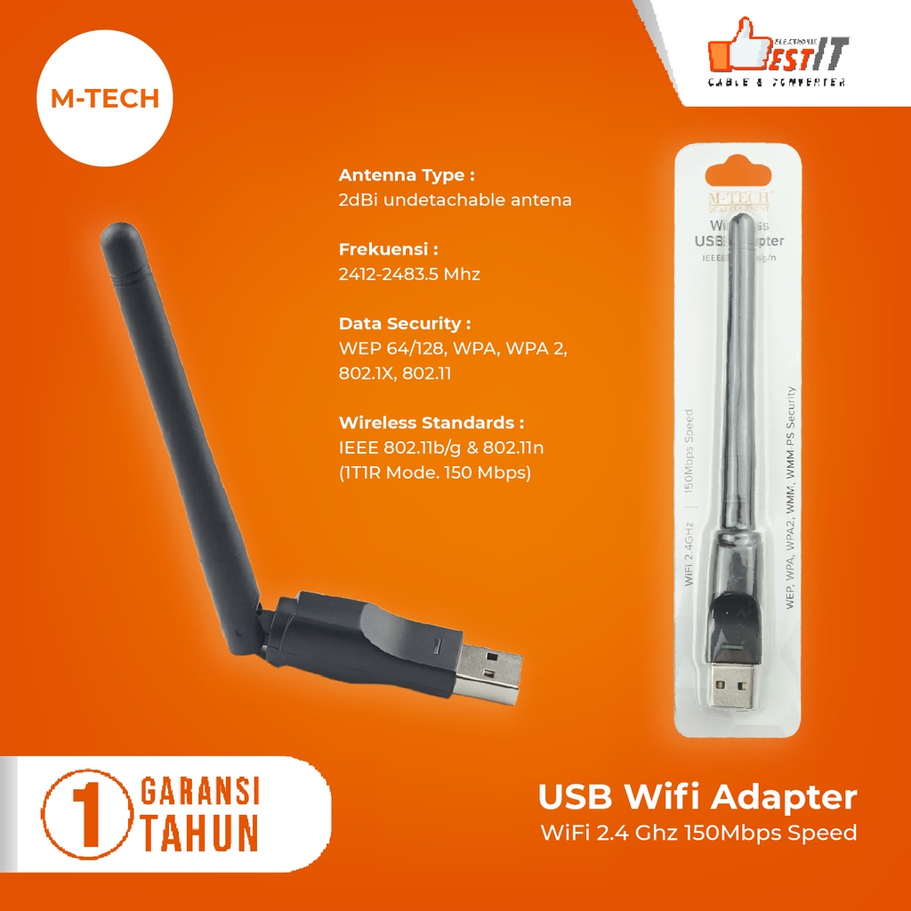 USB Wifi Dongle Wireless Adapter 802.11N 150Mbps Antena M-TECH