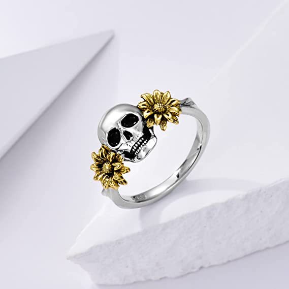 Cincin Desain Tengkorak Bunga Aster Gaya Retro Punk Eropa Amerika