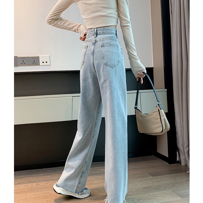 New biru muda celana jeans highwaist wanita korea celana jeans high waist wanita kulot