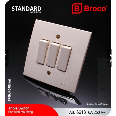 SAKLAR TRIPLE IB BROCO 3 GANG SAKELAR ISI 3 SWITCH BROKO CREAM IB TANAM TEMBOK INBOW TERMURAH SNI PENCETAN