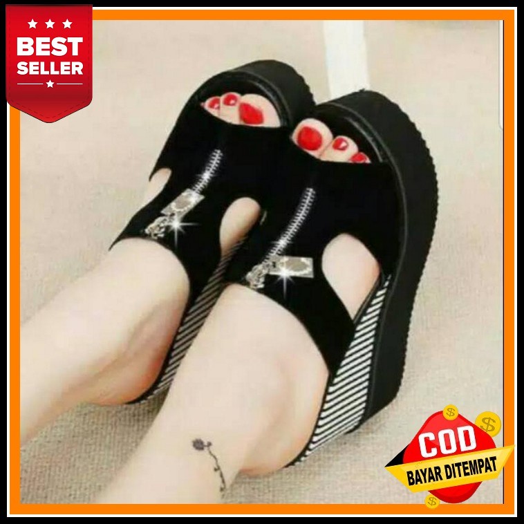 Sepatu Sandal Wanita Spatu Sendal Cewek Wedges Tali Velcro Hak Sol 3 Cm Karet Lentur Empuk Import Dn