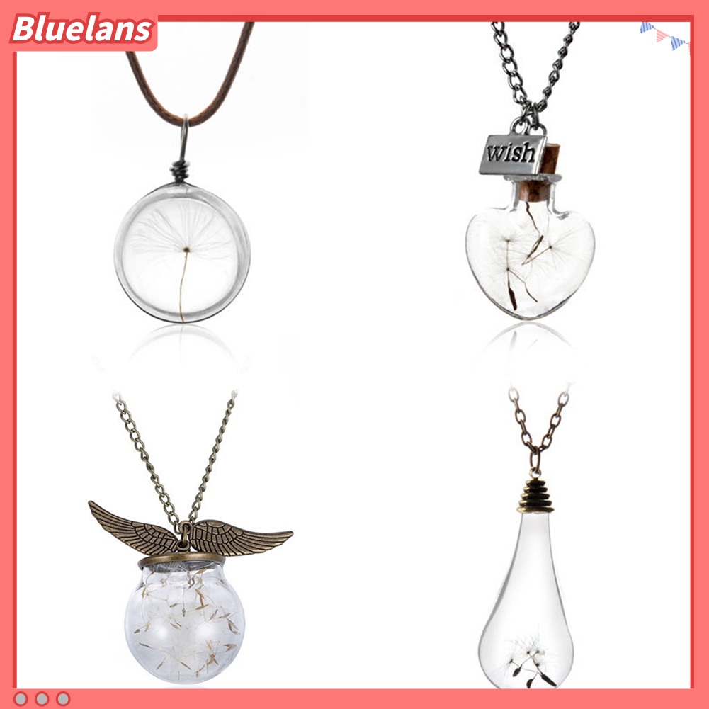 Bluelans Kalung Rantai Panjang Dengan Liontin Botol Kaca Isi Bunga Dandelion Kering Untuk Unisex