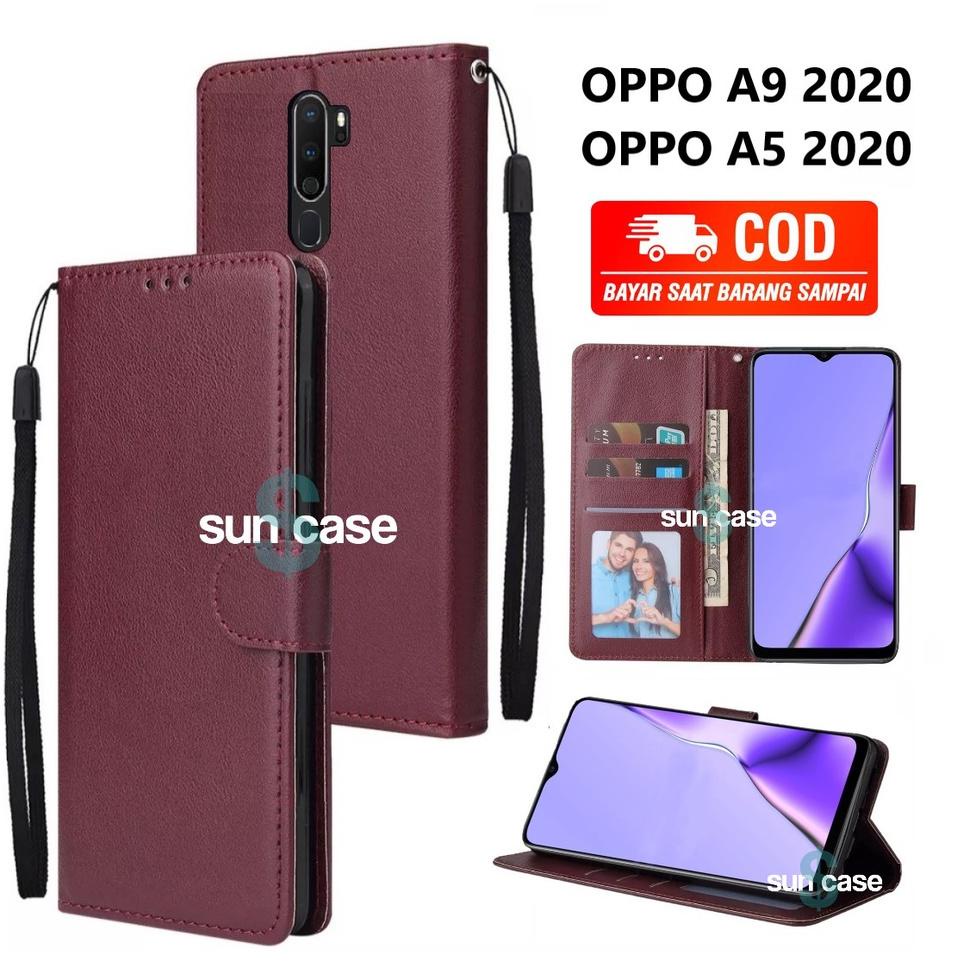Rekomendasi Casing OPPO A9 2020 / A5 2020 model flip buka tutup case kulit ada tempat foto dan kartu juga tali hp flip cover