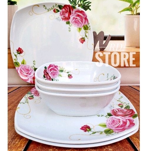 PROMO SET 6.PCS ISI 3.PIRING KOTAK SAJI 3.MANGKOK KOTAK MELAMINE MOTIF ROSE