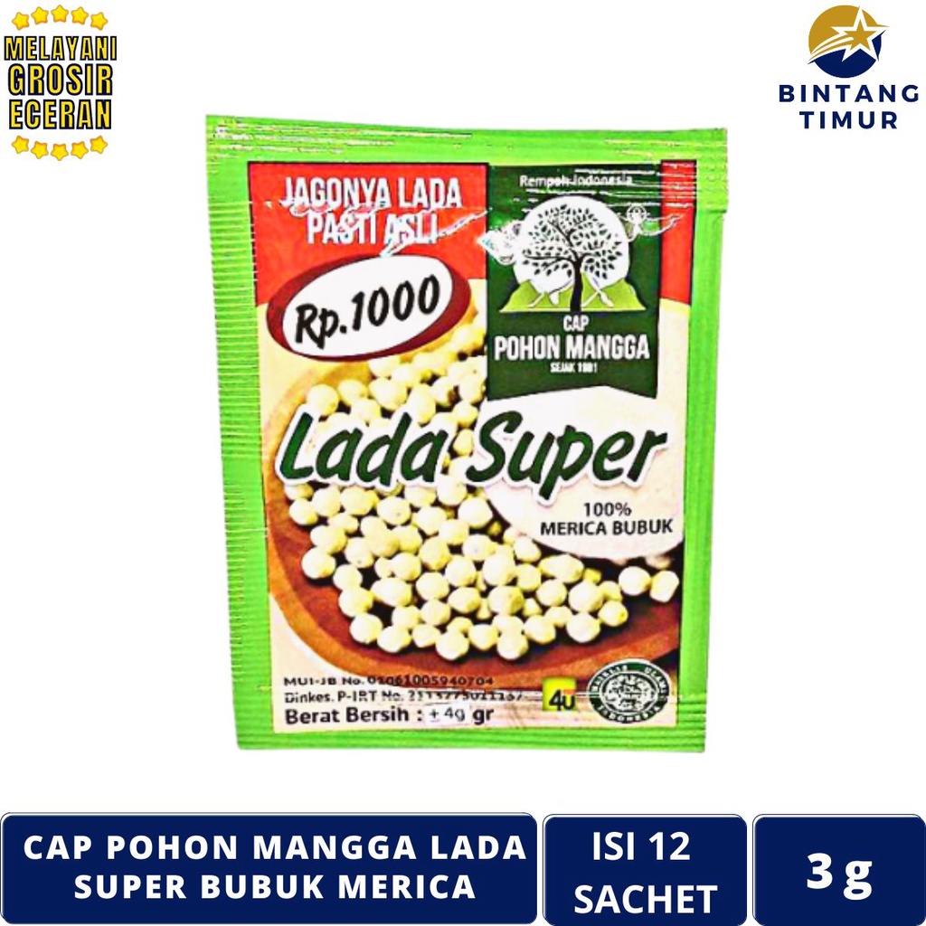 

Cap Pohon Mangga Lada Super Bubuk Merica 12 Saset/3gr - 1 Renceng Isi 12 Sachet