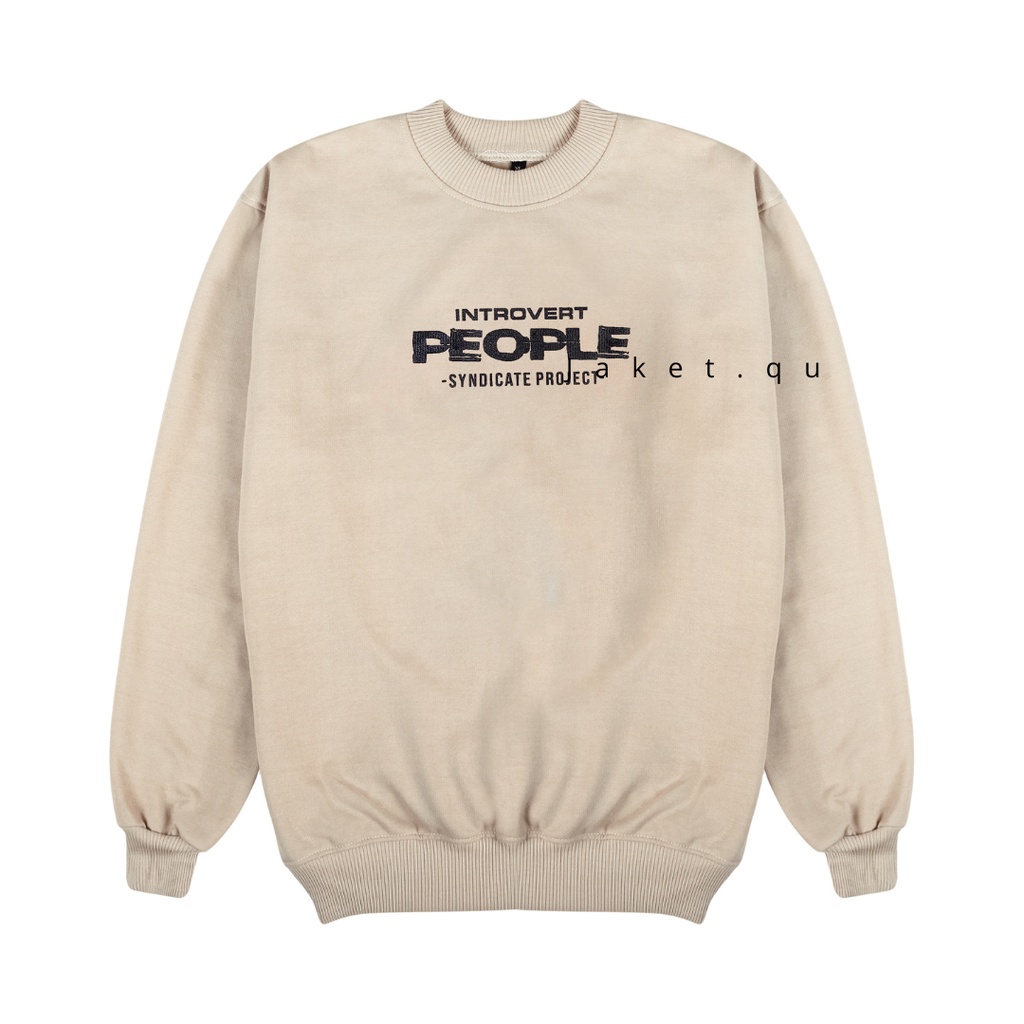 Sweater Crewneck Pria Wanita Bahan Fleece Warna Cream Motif People