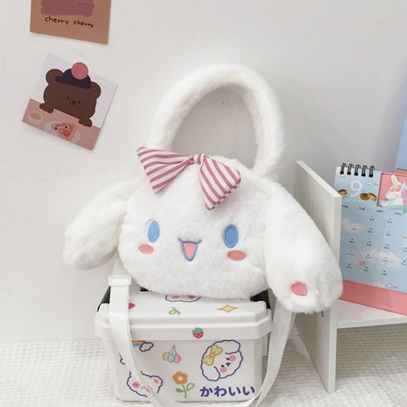 Tas Boneka bulu Sanrio Cinnamoroll Boneka Hewan Tas Tangan Boneka Anime untuk Anak Perempuan Mainan Lembut Kawaii untuk Anak-anak