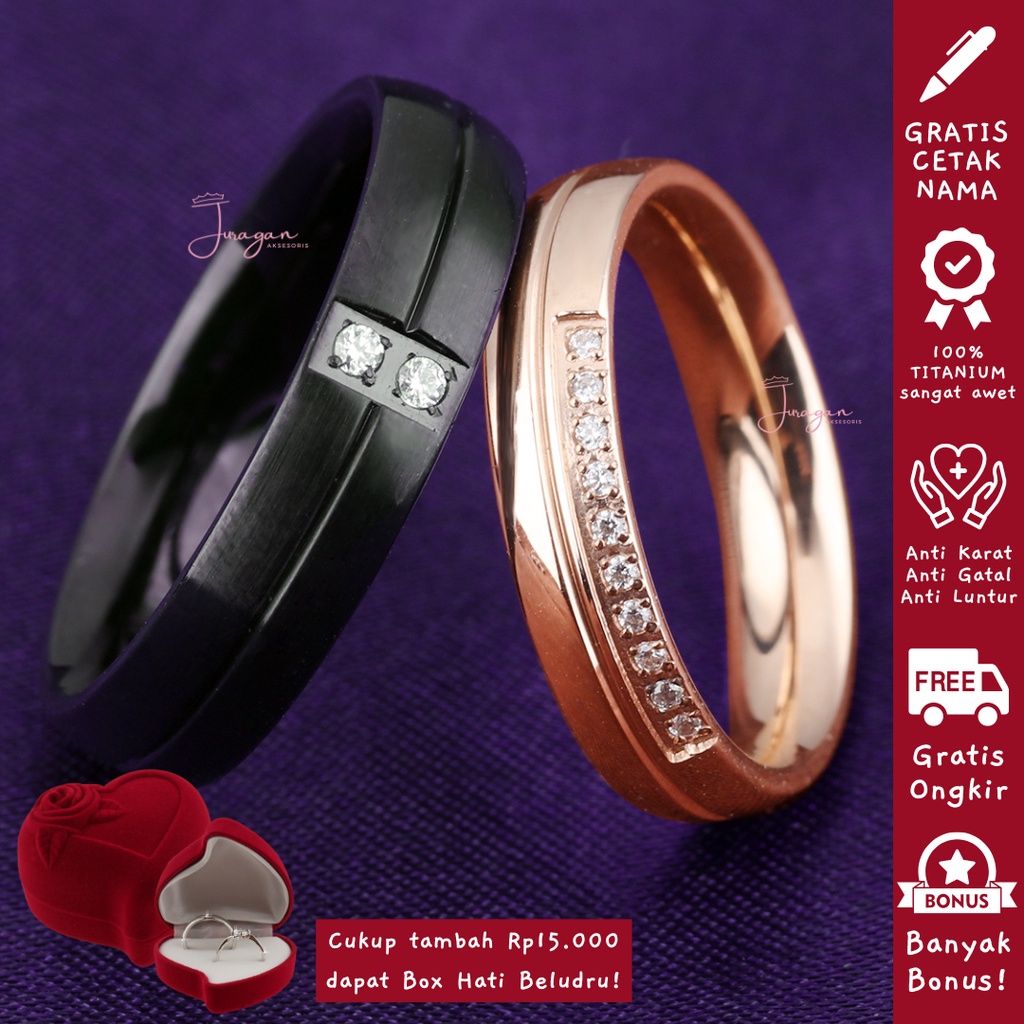 AILOVIU Cincin Couple Romantis R67 Titanium Ukir Nama Black Hitam Rosegold Unik Pria Wanita Tunangan Paladium Stainless Steel