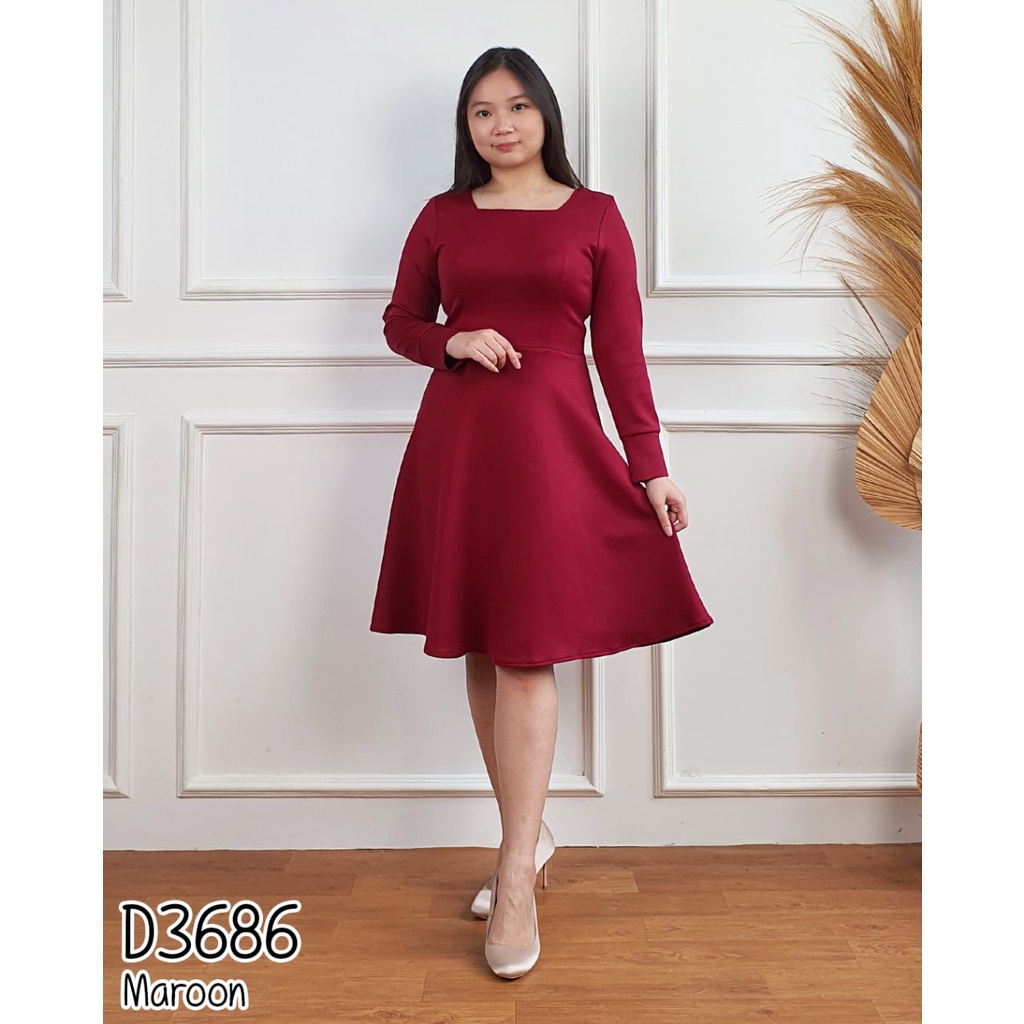 Dress midi flare polos lengan panjang scuba 3686