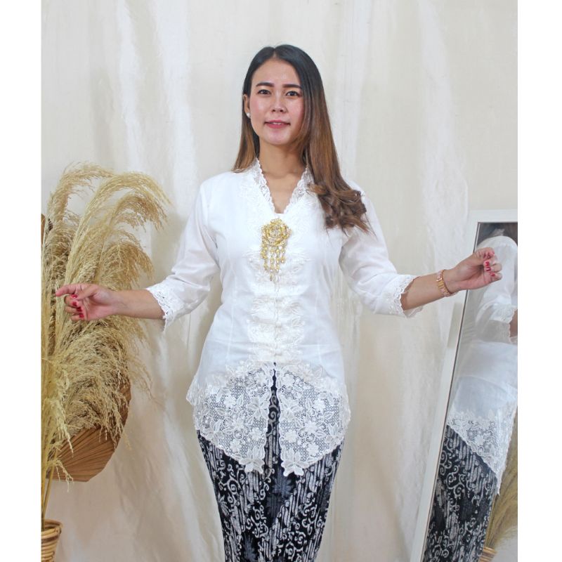 Kebaya Encim Putih Modern Bordir Lengan 7/8 Murah
