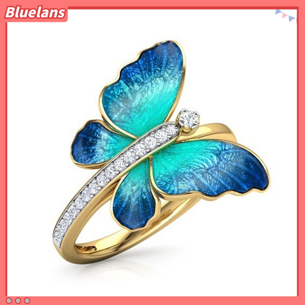Perhiasan Cincin Jari Wanita Bentuk Kupu-Kupu Aksen Berlian Imitasi Untuk Pesta Pertunangan