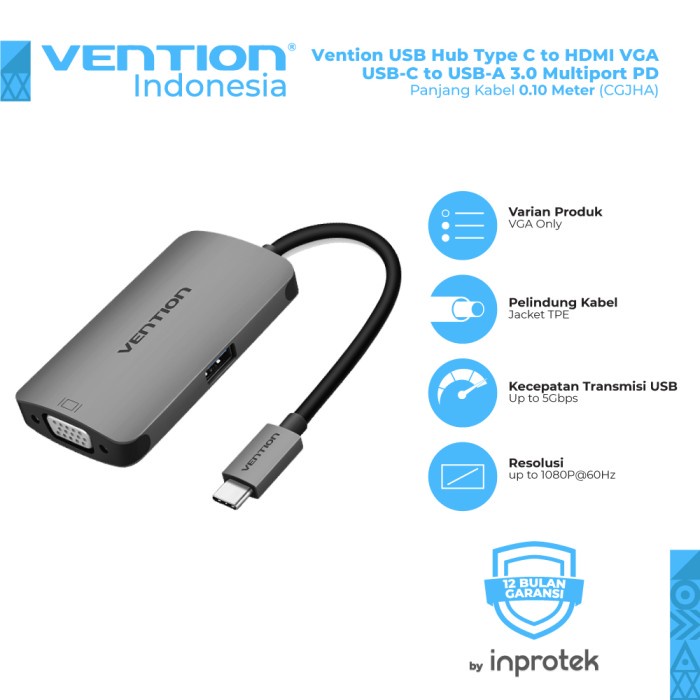 Vention USB Hub Type C to HDMI VGA USB-C to USB-A 3.0 Multiport PD - CGJ - VGA Only