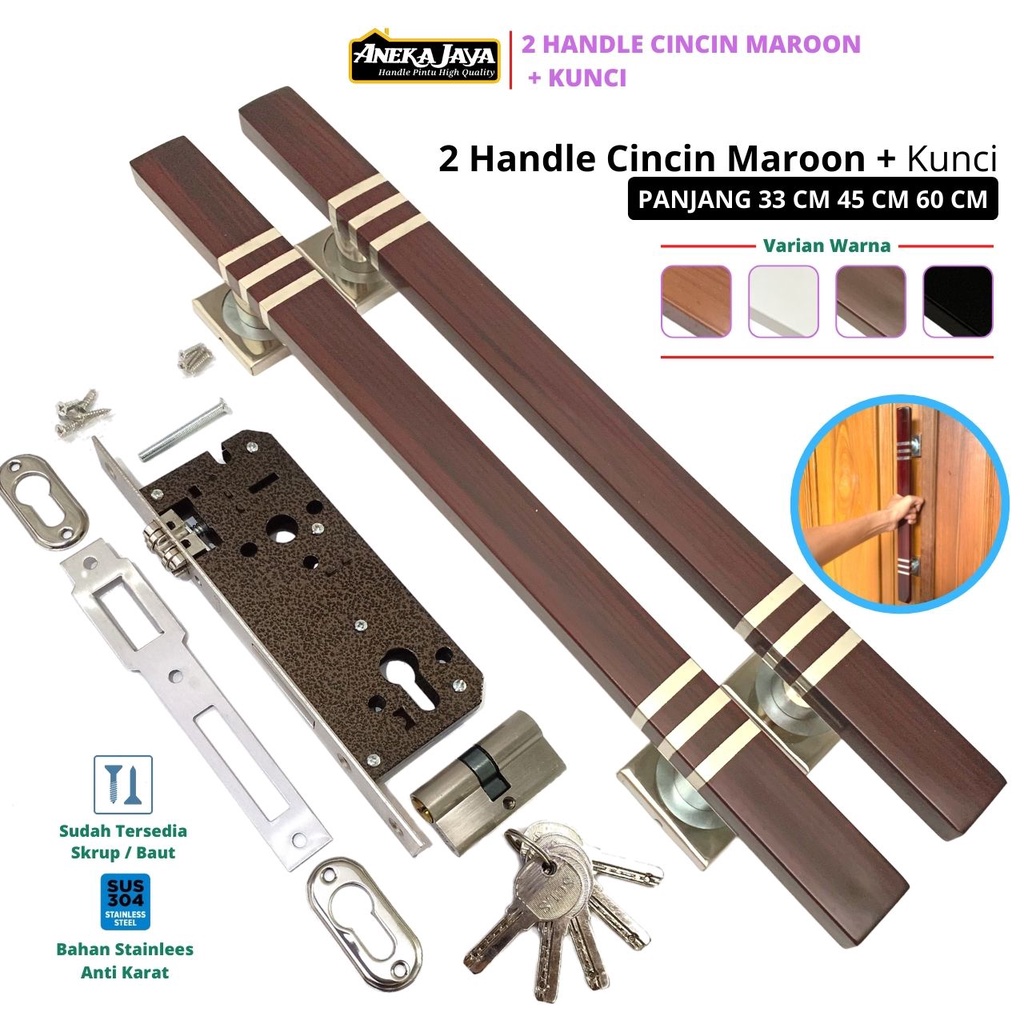 Paket 2 Handle Pintu Rumah Set Kunci Panjang 60 cm 45 33  Gagang Tarikan Pegangan Warna Natural Hitam Putih Maroon