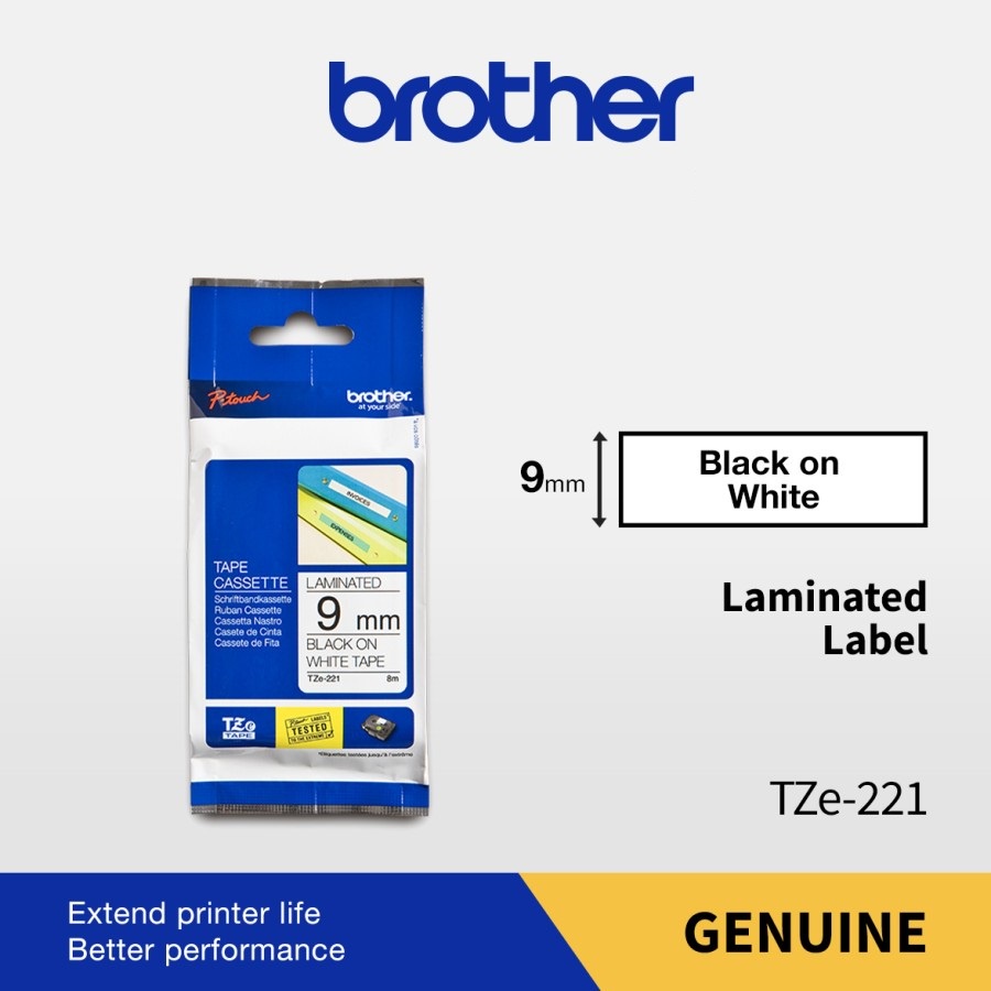 

Brother Color Tape TZE-221 9mm Laminated Black On White