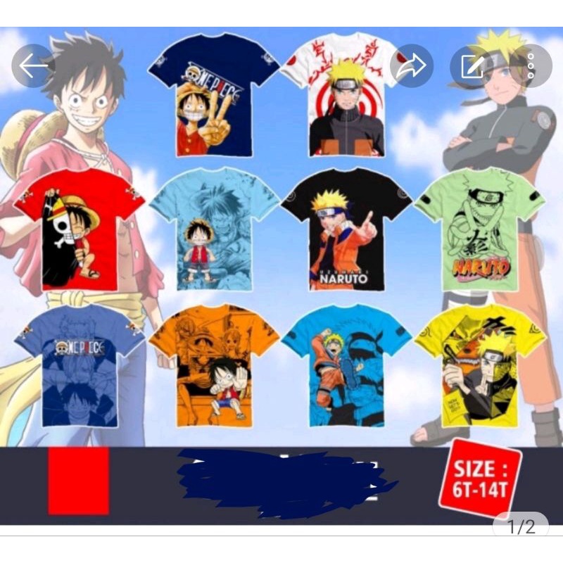 05shk05h Kaos Anak Laki Laki Tangan Pendek Junior Edisi Naruto One Peace Usia 6-14 Tahun