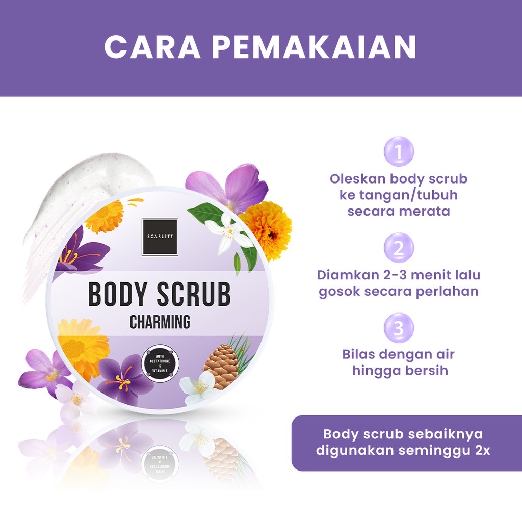 SCARLETT Whitening Brightening Body Scrub Charming Indonesia / 250ml / By Felicya Angelista / With Glutathione &amp; Vitamin E / Body Care / Perawatan Kulit Tubuh / Moisturizer Shower / Sabun Mandi Lulur Eksfoliating Exfoliasi Peeling / Skincare Series Paket